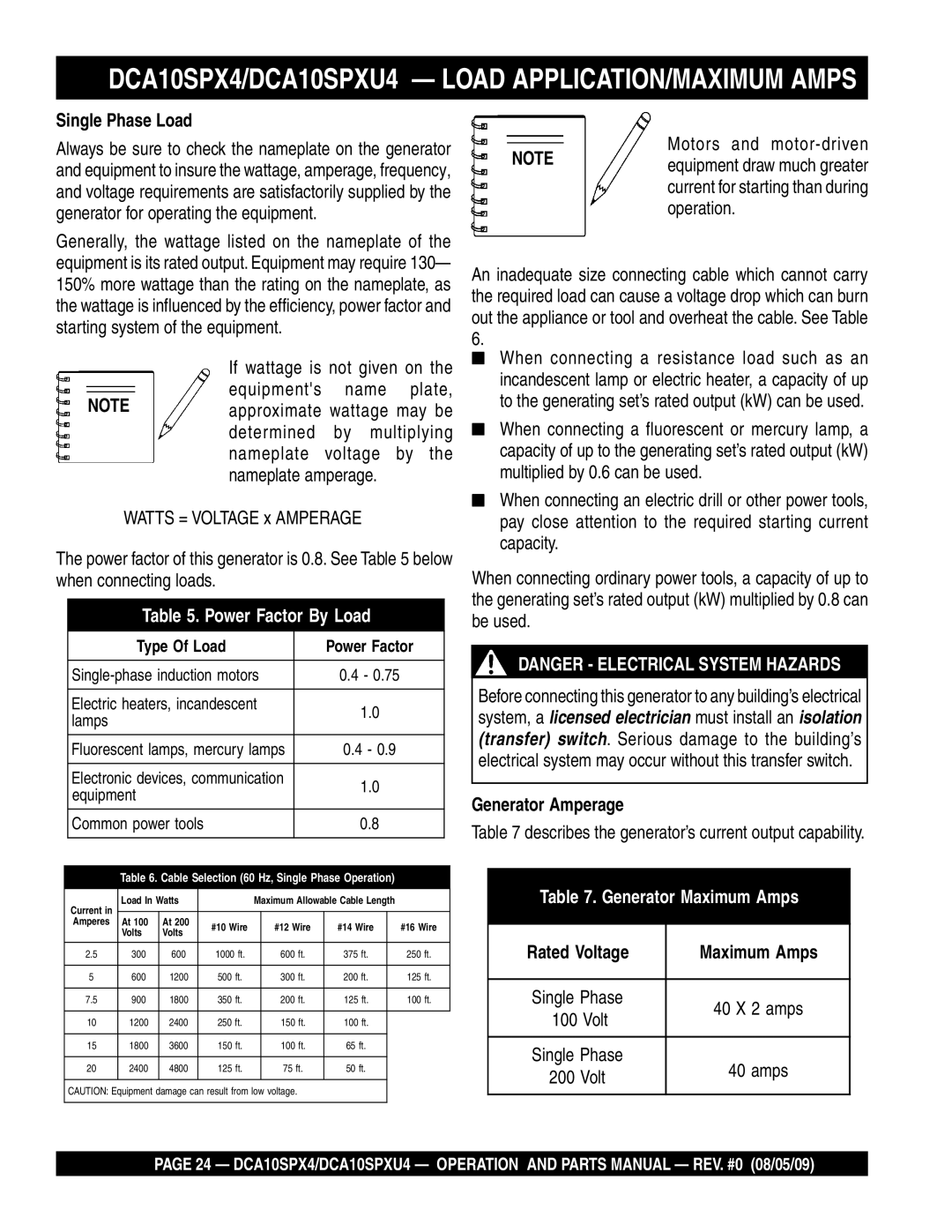 Multiquip operation manual DCA10SPX4/DCA10SPXU4 Load APPLICATION/MAXIMUM Amps, Single Phase Load, Generator Amperage 