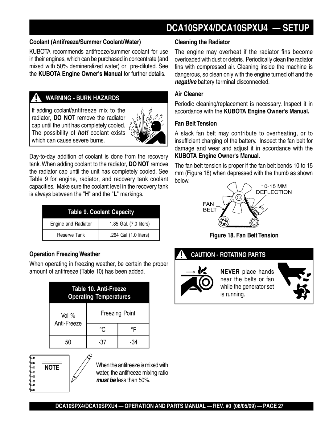 Multiquip DCA10SPXU4 Operation Freezing Weather, Vol % Freezing Point, Air Cleaner Fan Belt Tension, Must be less than 50% 