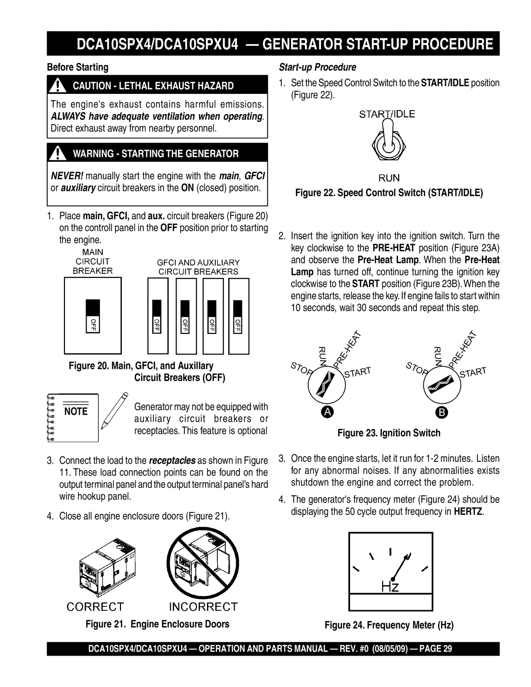 Multiquip DCA10SPX4/DCA10SPXU4 Generator START-UP Procedure, Before Starting, Direct exhaust away from nearby personnel 