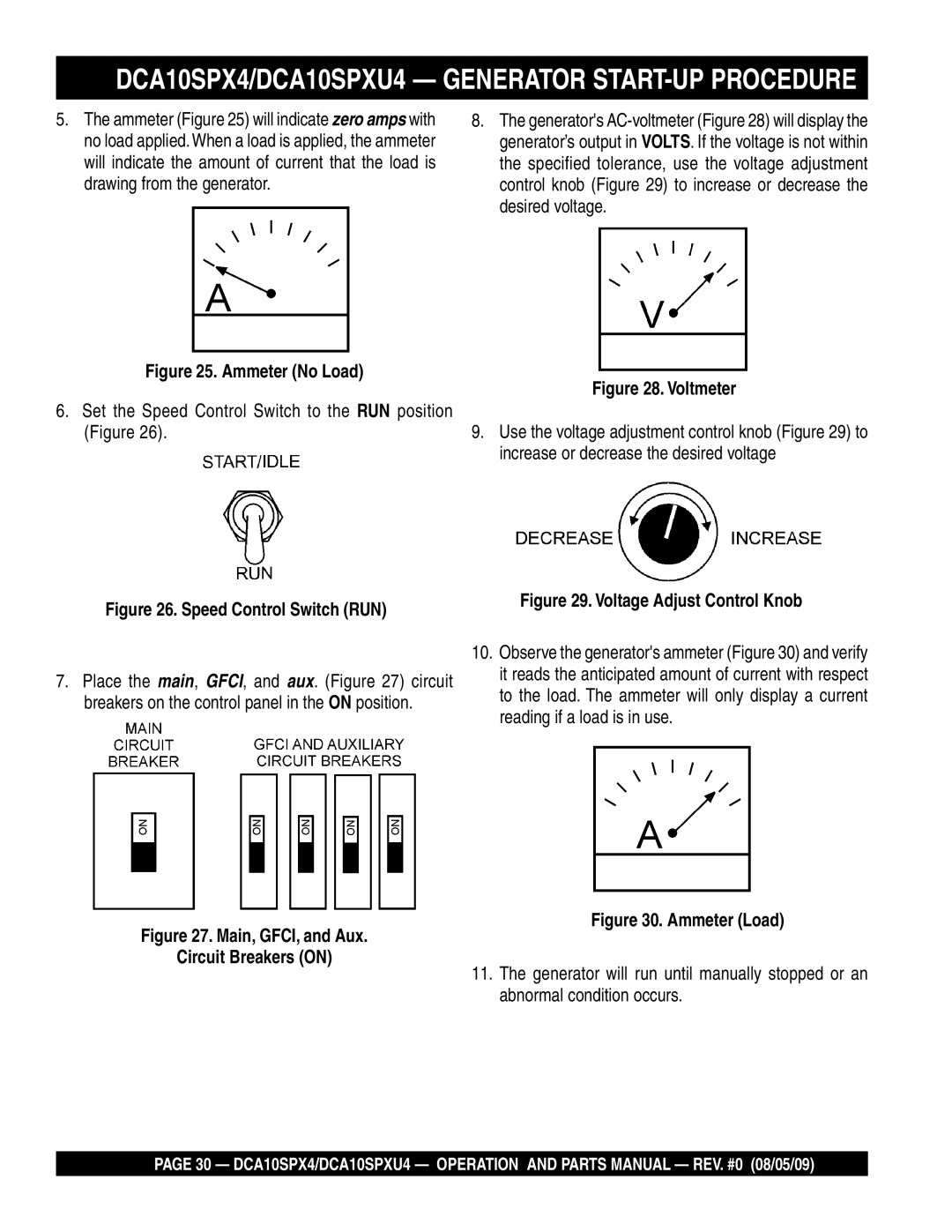 Multiquip DCA10SPX4, DCA10SPXU4 operation manual Ammeter No Load, Set the Speed Control Switch to the RUN position 