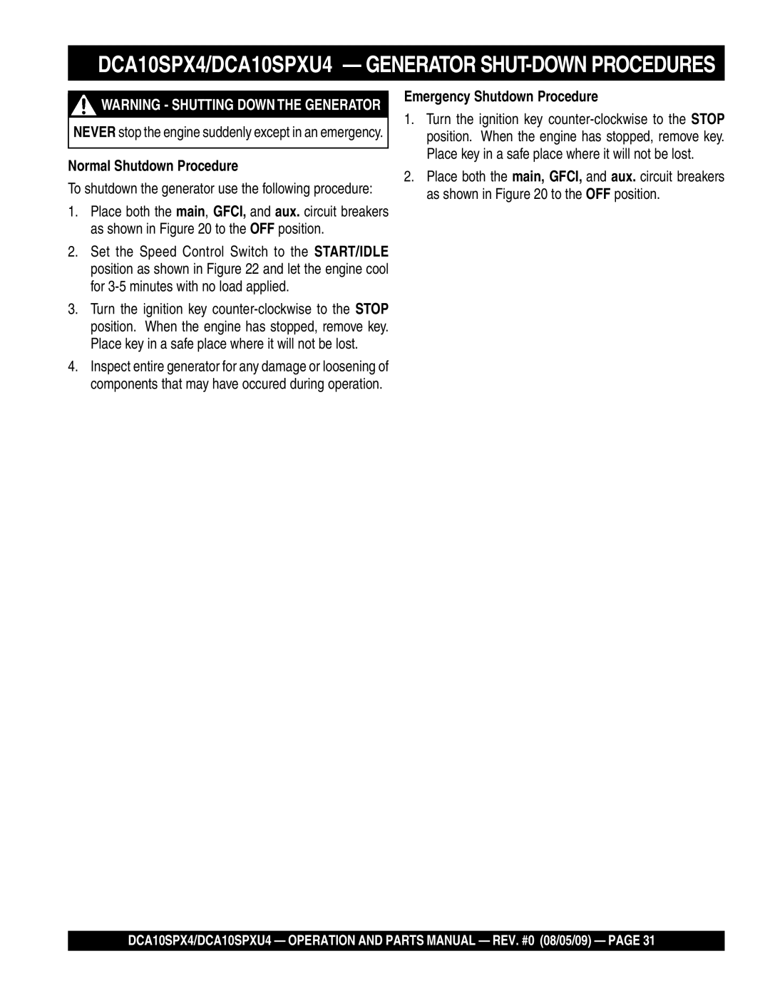 Multiquip DCA10SPXU4, DCA10SPX4 operation manual Normal Shutdown Procedure, Emergency Shutdown Procedure 