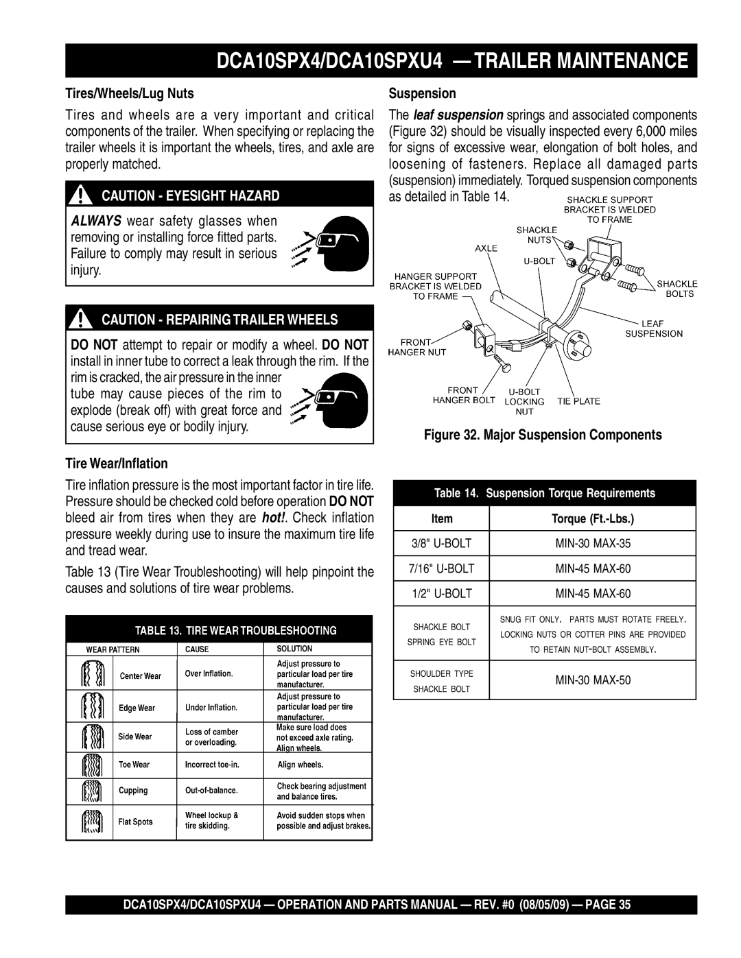 Multiquip DCA10SPXU4, DCA10SPX4 operation manual Tires/Wheels/Lug Nuts, Tire Wear/Inflation, Suspension 