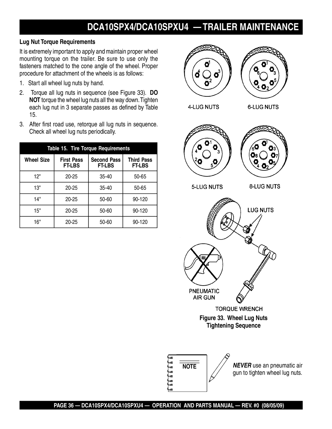 Multiquip DCA10SPX4, DCA10SPXU4 operation manual Lug Nut Torque Requirements, Wheel Lug Nuts Tightening Sequence 