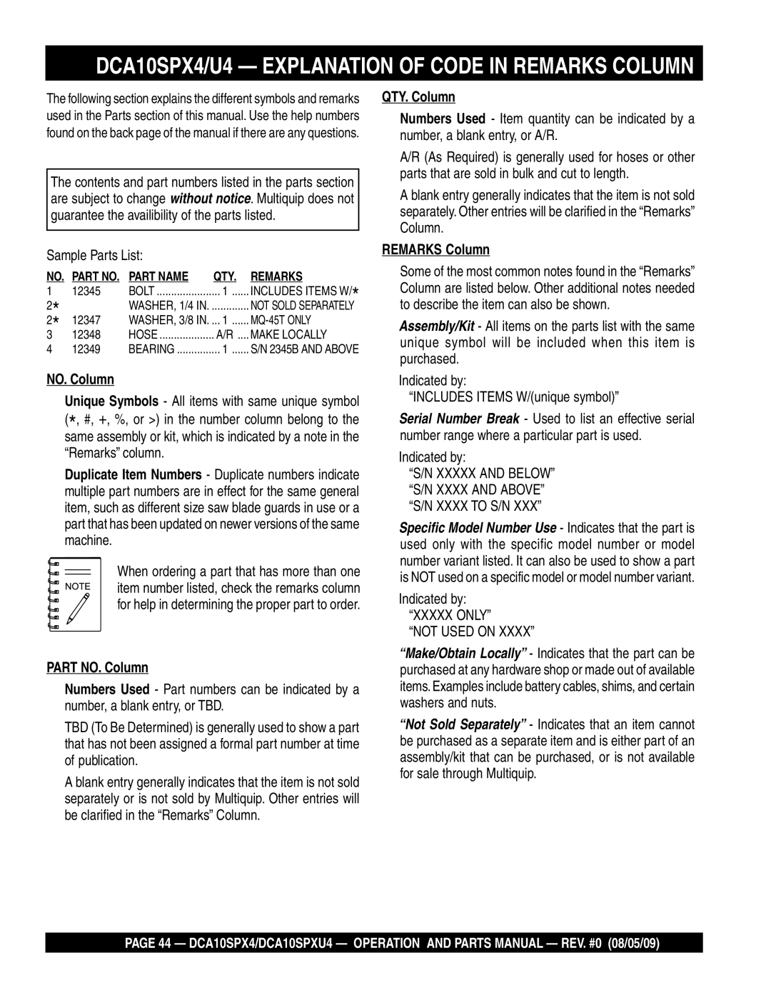 Multiquip DCA10SPXU4 operation manual DCA10SPX4/U4 Explanation of Code in Remarks Column, Sample Parts List 