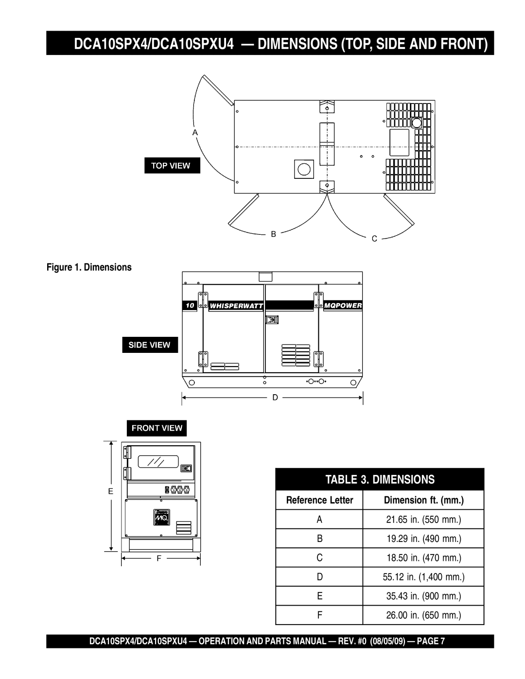 Multiquip operation manual DCA10SPX4/DCA10SPXU4 Dimensions TOP, Side and Front, Dimension ft. mm 