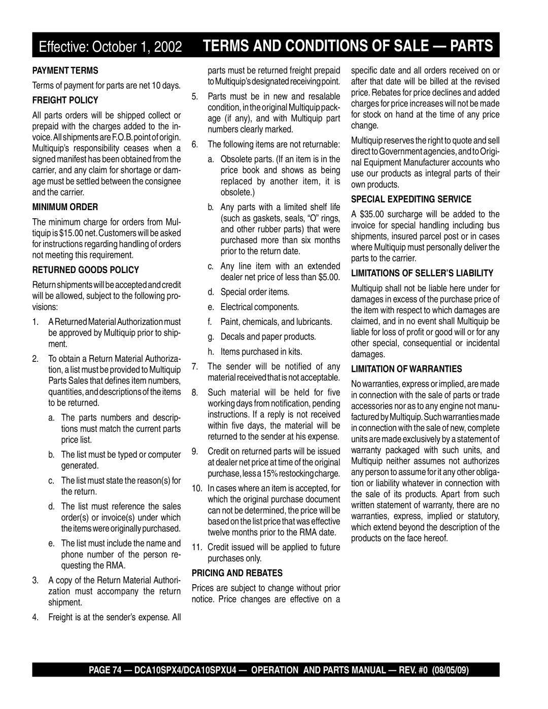 Multiquip DCA10SPX4, DCA10SPXU4 operation manual Effective October 1, 2002 Terms and Conditions of Sale Parts 