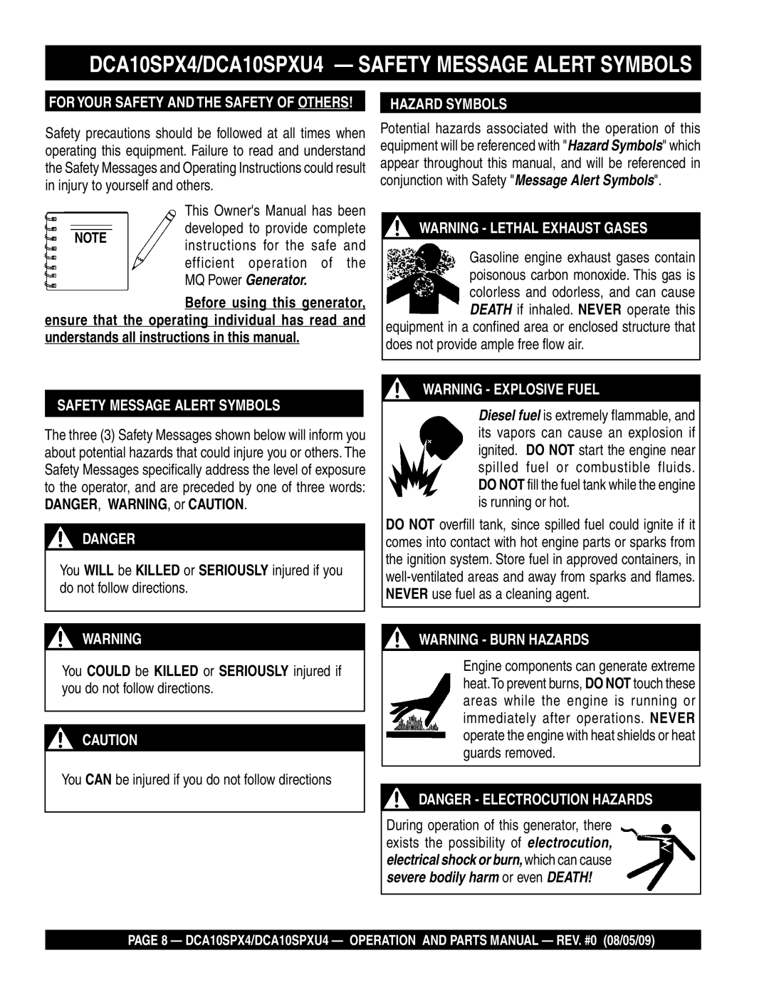 Multiquip operation manual DCA10SPX4/DCA10SPXU4 Safety Message Alert Symbols, Hazard Symbols 