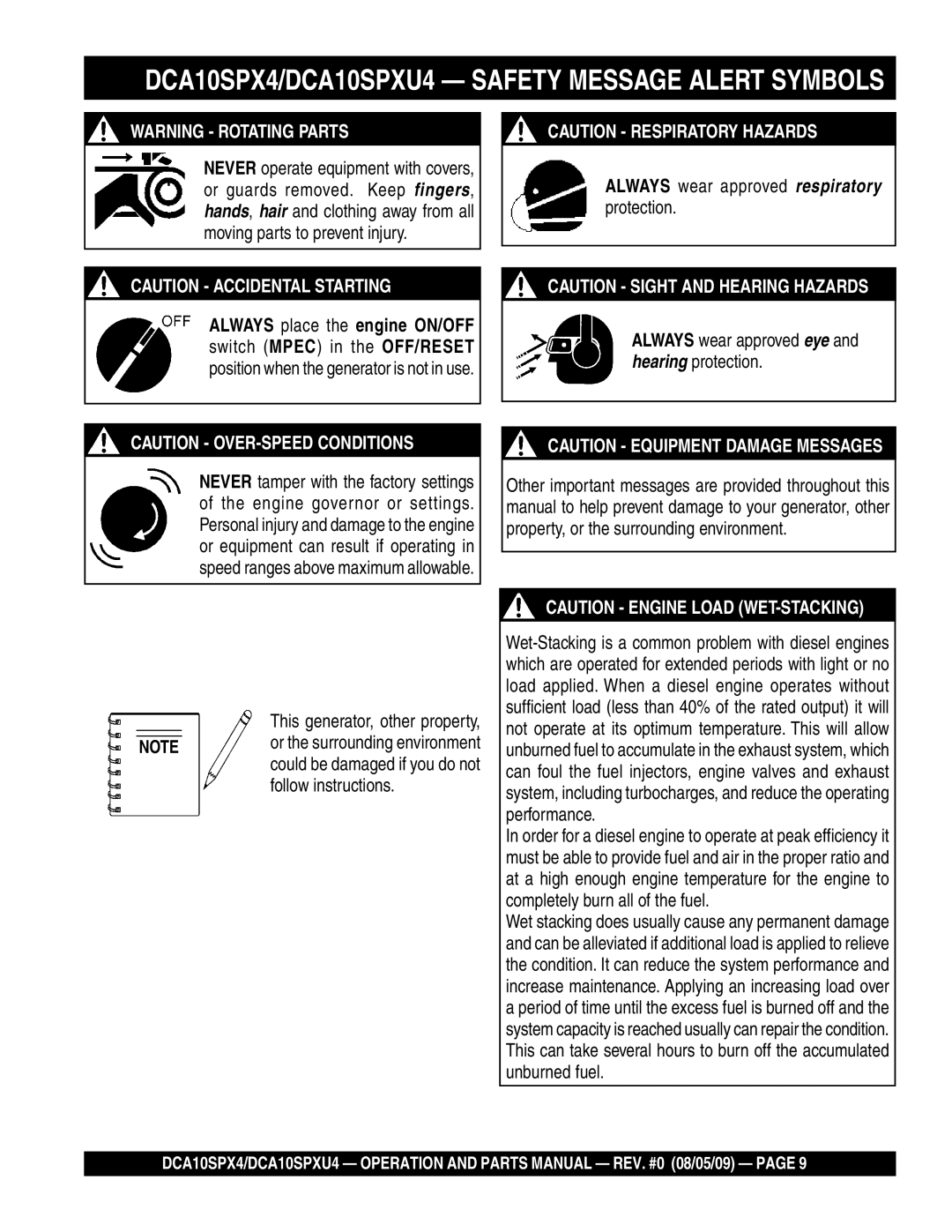 Multiquip operation manual DCA10SPX4/DCA10SPXU4 Safety Message Alert Symbols 