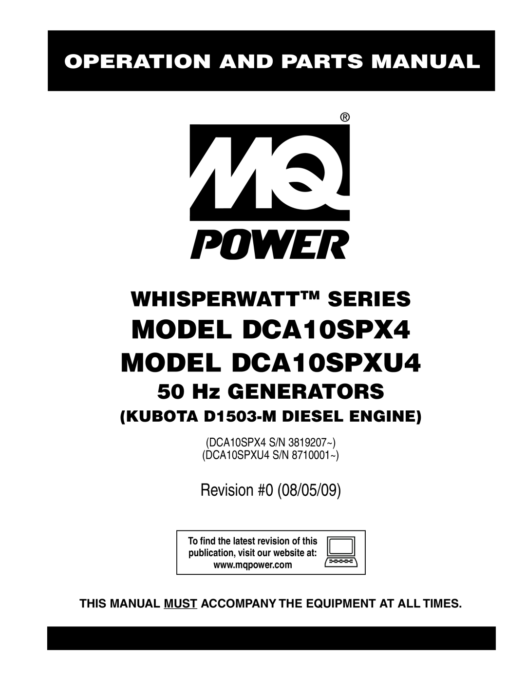 Multiquip DCA10SPXU4 operation manual Operation And Parts Manual, KUBOTA D1503-M DIESEL ENGINE, Whisperwatttm Series 