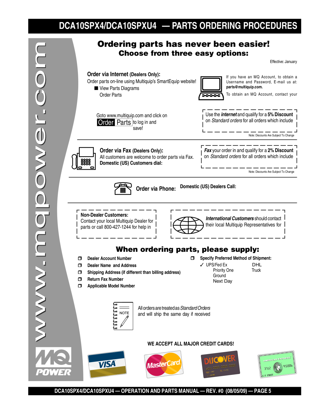 Multiquip DCA10SPX4/DCA10SPXU4 - PARTS ORDERING PROCEDURES, Choose from three easy options, Order via Fax Dealers Only 