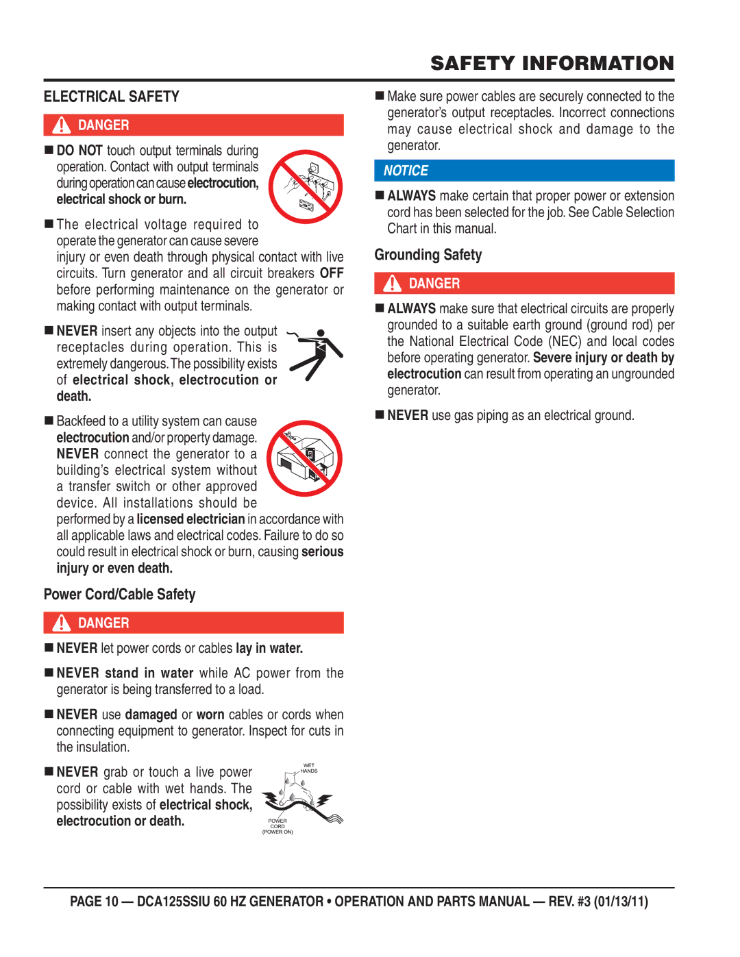 Multiquip DCA125SSIU Electrical Safety, Grounding Safety, Power Cord/Cable Safety, Device. All installations should be 