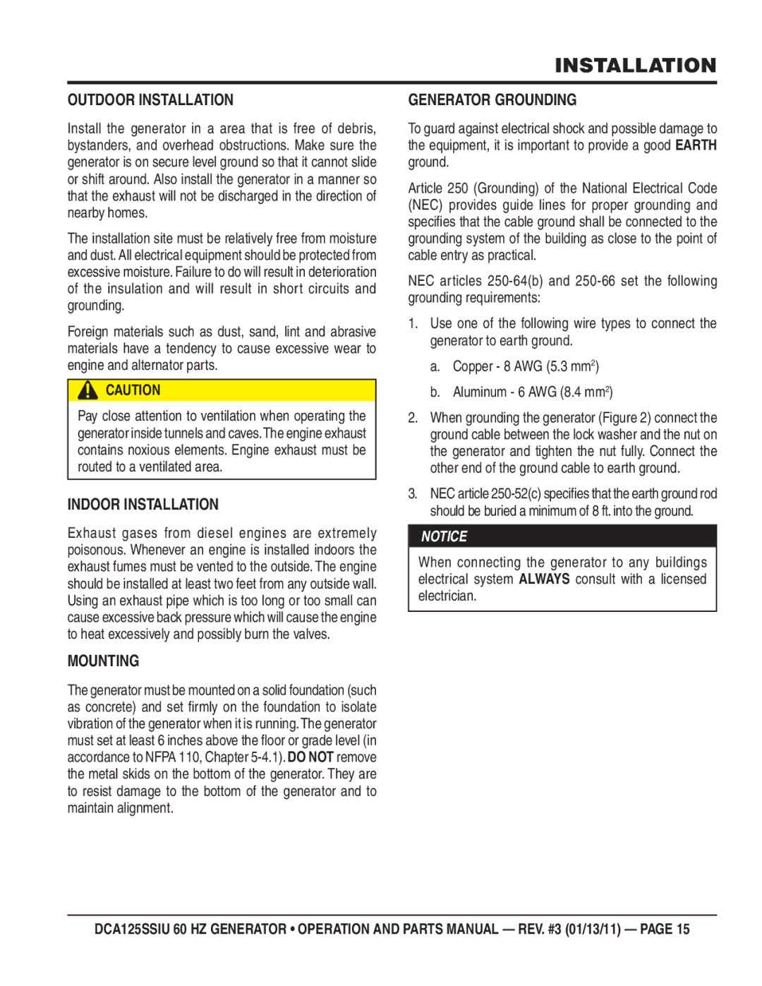 Multiquip DCA125SSIU manual Outdoor Installation, Indoor Installation, Mounting, Generator Grounding 