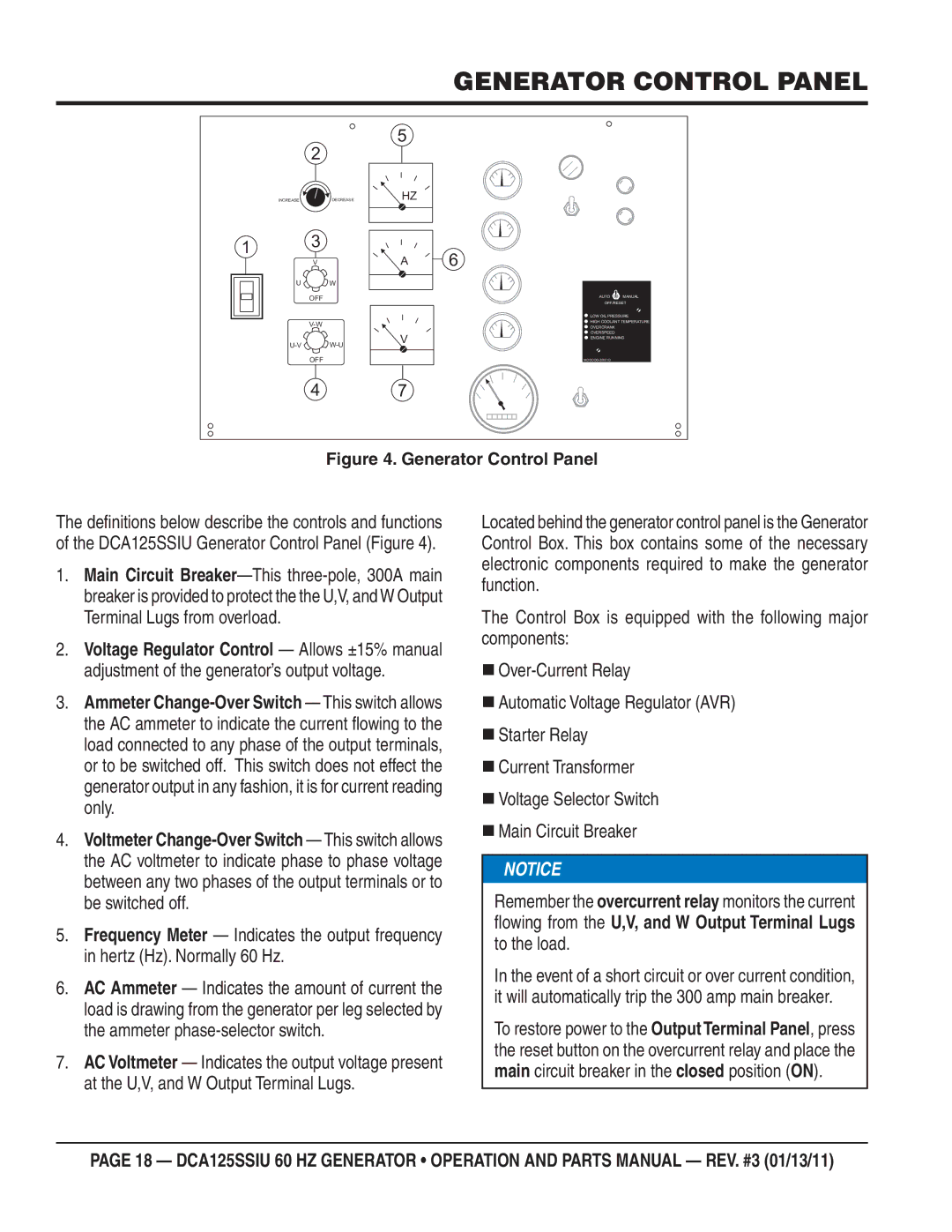 Multiquip DCA125SSIU manual Generator Control Panel, Owing from the U,V, and W Output Terminal Lugs to the load 