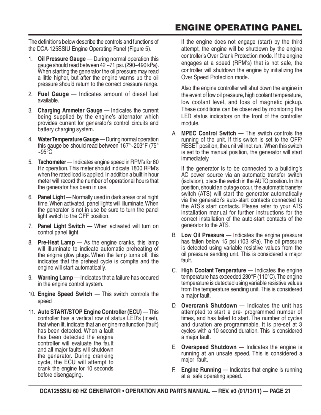 Multiquip DCA125SSIU manual Fuel Gauge Indicates amount of diesel fuel available 