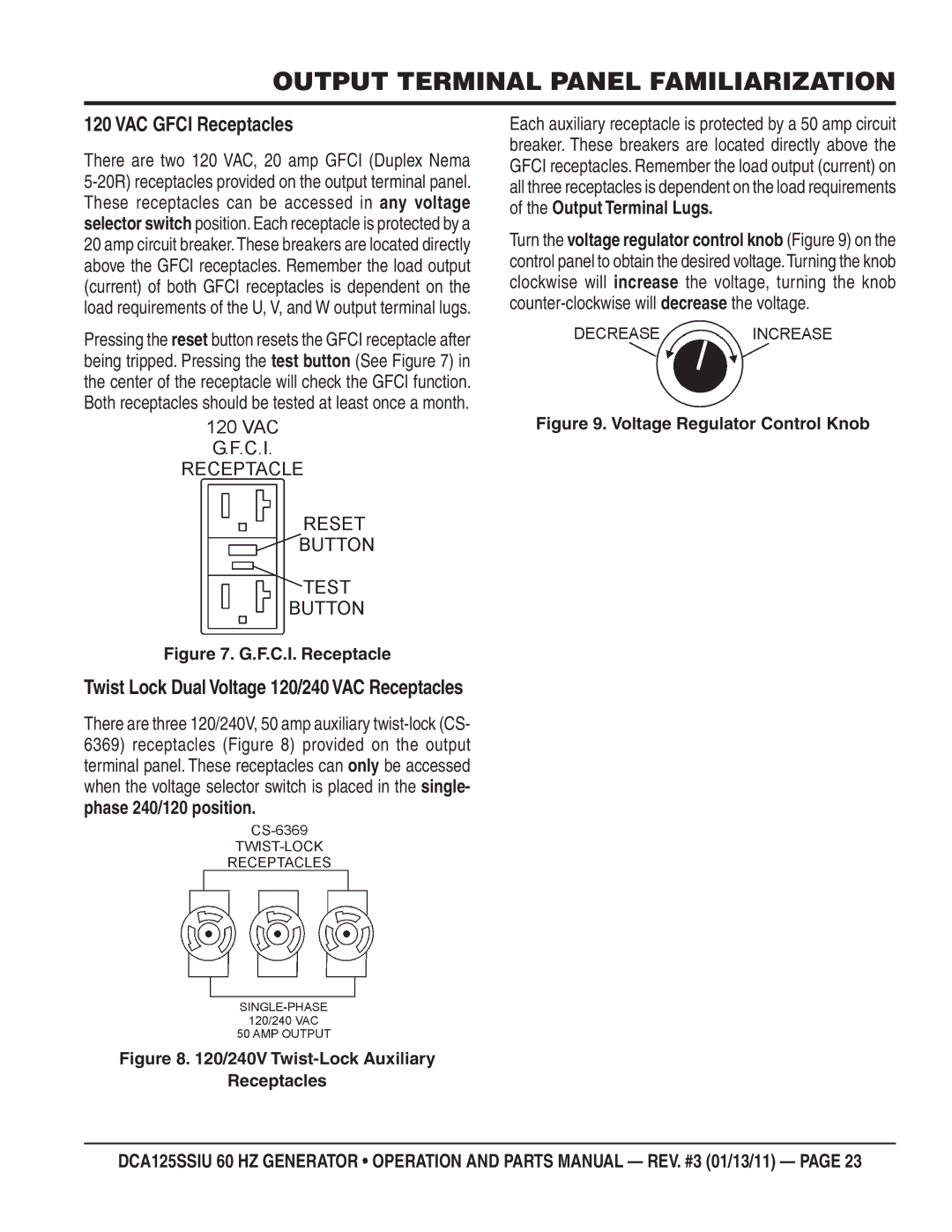 Multiquip DCA125SSIU manual VAC Gfci Receptacles, 240V Twist-Lock Auxiliary Receptacles 