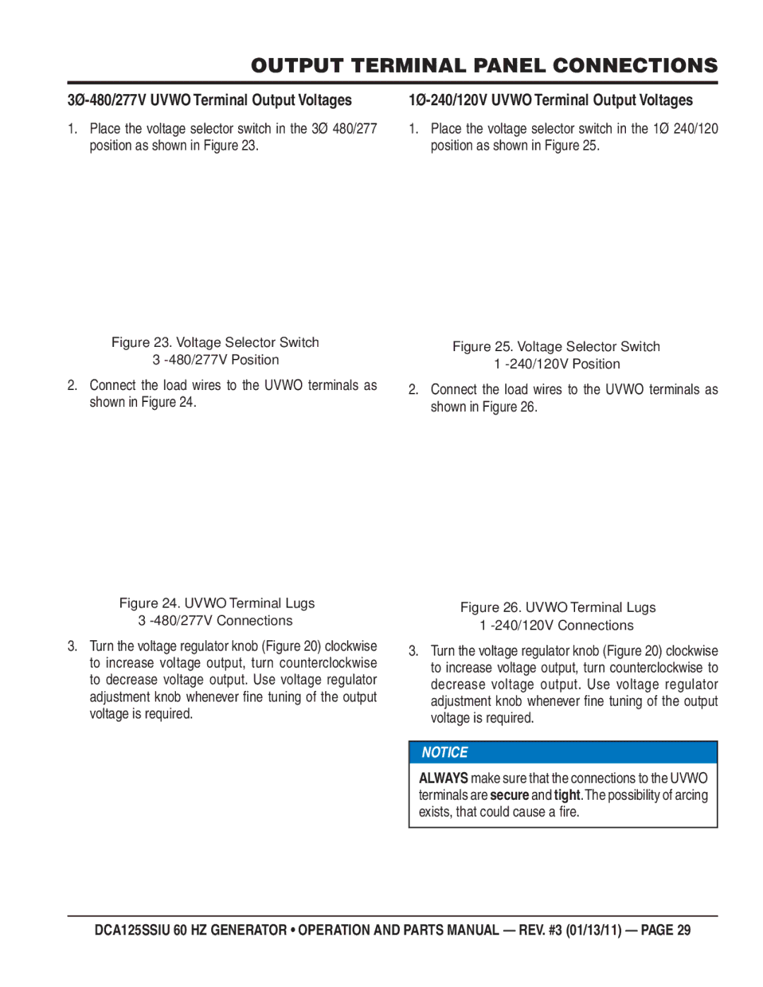 Multiquip DCA125SSIU manual 3Ø-480/277V Uvwo Terminal Output Voltages, 1Ø-240/120V Uvwo Terminal Output Voltages 