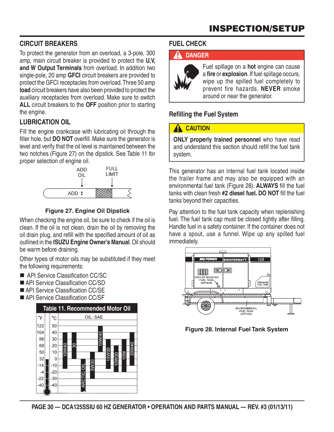 Multiquip DCA125SSIU manual Inspection/Setup, Circuit Breakers, Lubrication OIL, Fuel Check, Reﬁlling the Fuel System 