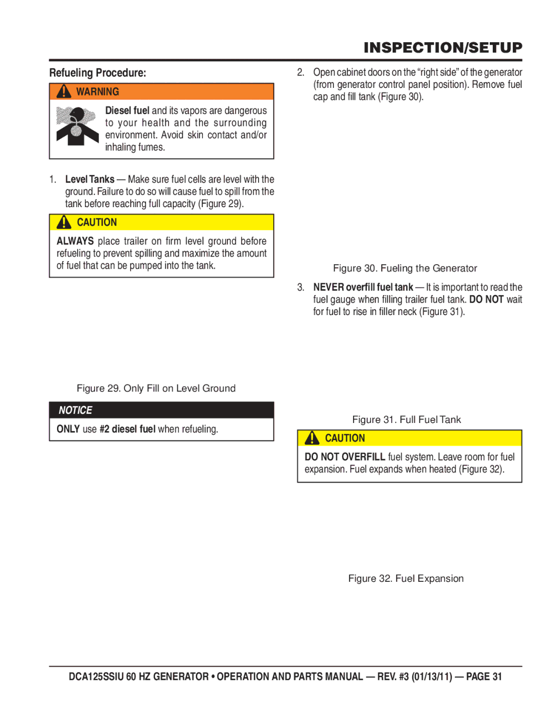 Multiquip DCA125SSIU manual Refueling Procedure, Only use #2 diesel fuel when refueling 