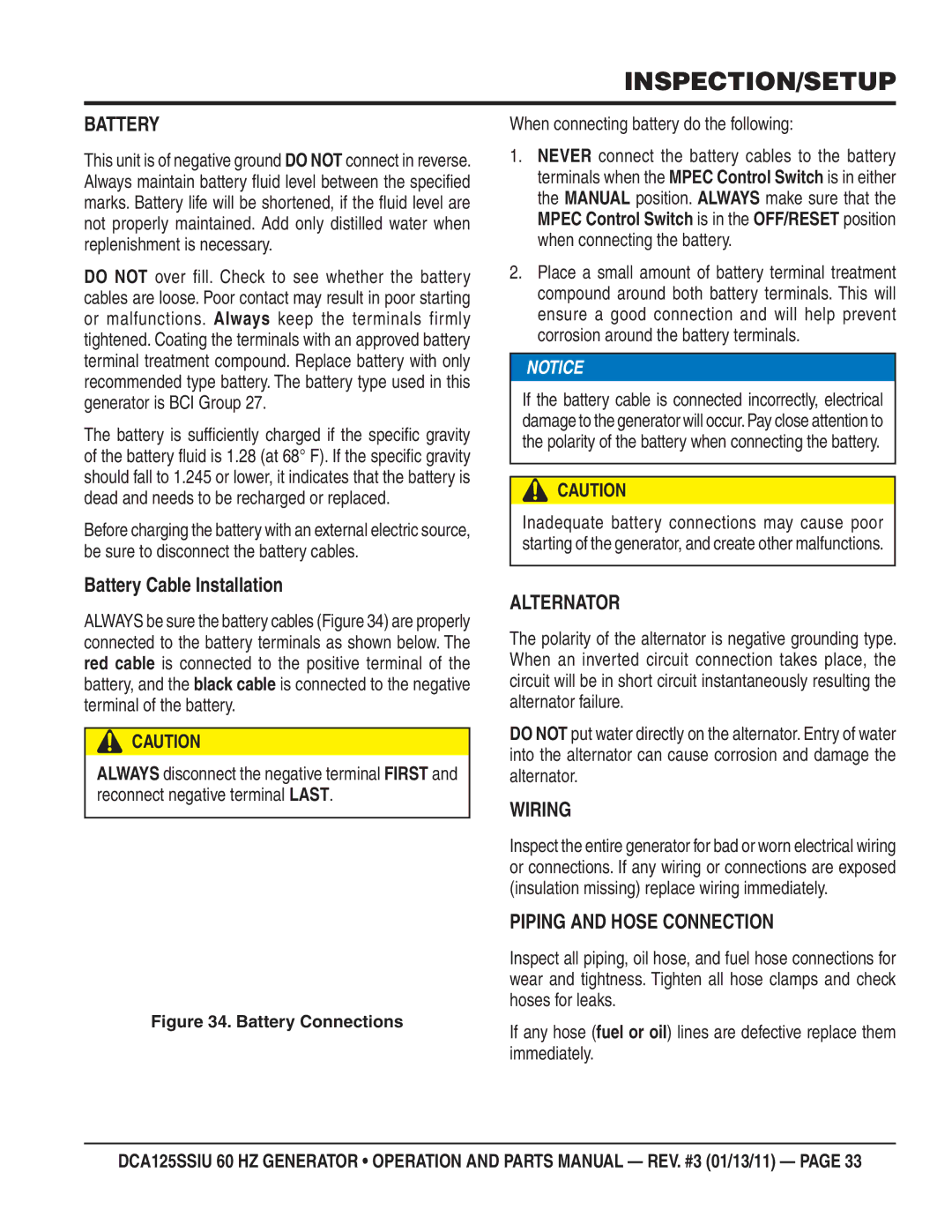 Multiquip DCA125SSIU manual Battery Cable Installation, Alternator, Wiring, Piping and Hose Connection 