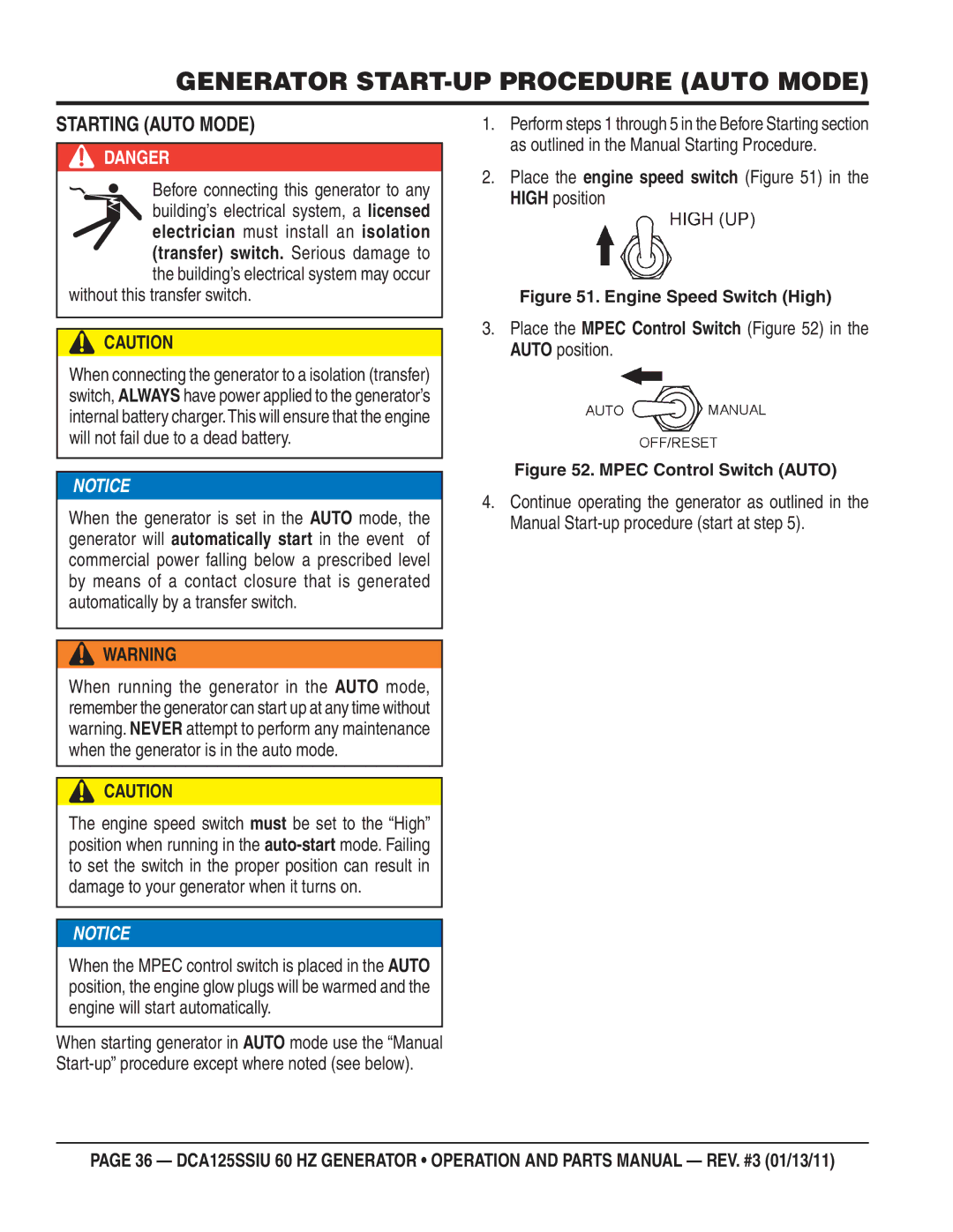 Multiquip DCA125SSIU manual Generator START-UP Procedure Auto Mode, Starting Auto Mode 