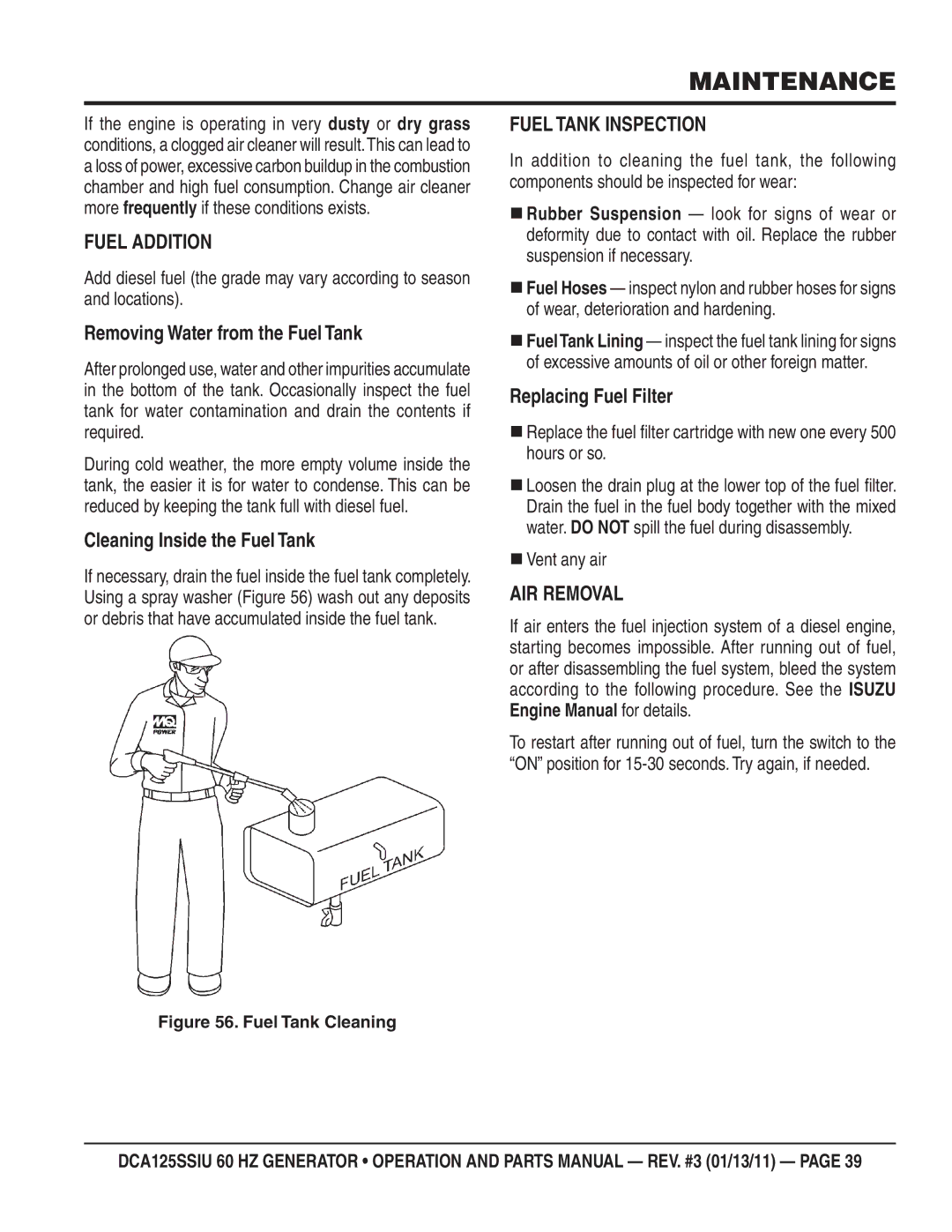 Multiquip DCA125SSIU manual Fuel Addition, Fuel Tank Inspection, AIR Removal 