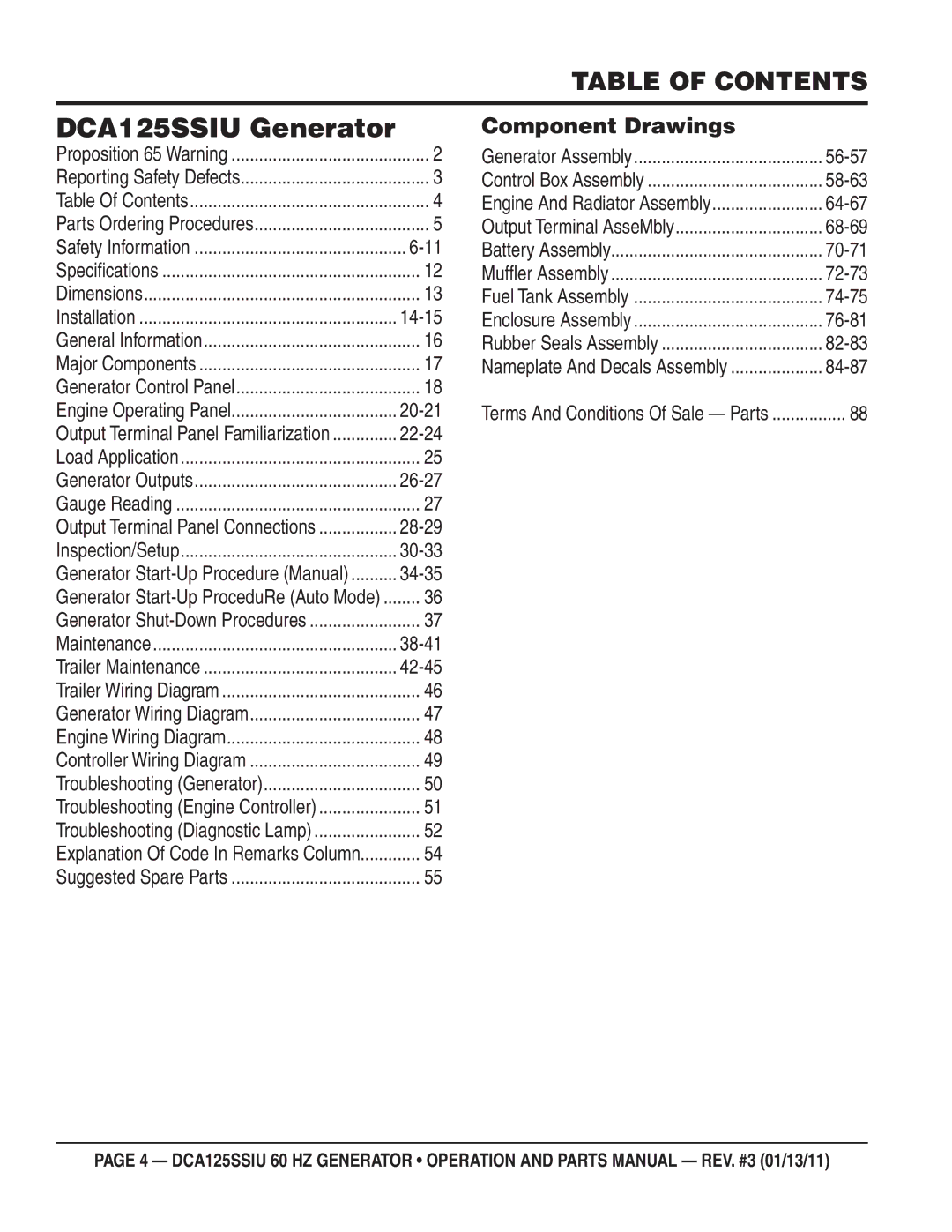 Multiquip manual DCA125SSIU Generator, Table of Contents 