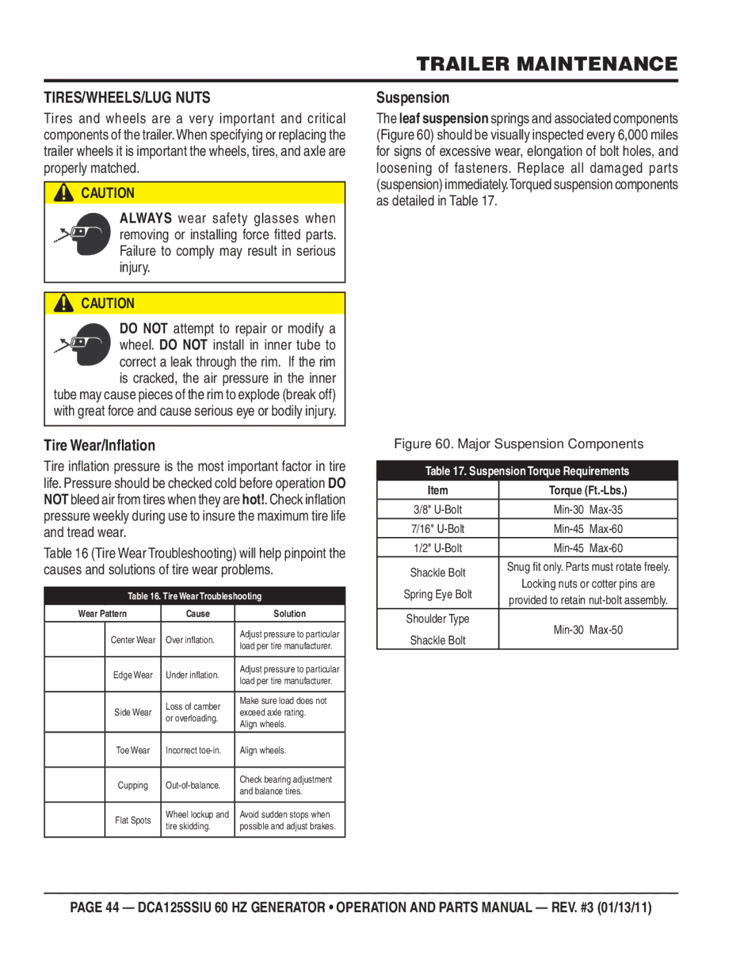 Multiquip DCA125SSIU manual TIRES/WHEELS/LUG Nuts, Tire Wear/Inﬂation, Suspension 