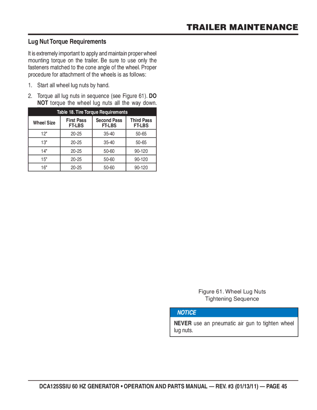 Multiquip DCA125SSIU manual Lug Nut Torque Requirements, Start all wheel lug nuts by hand 