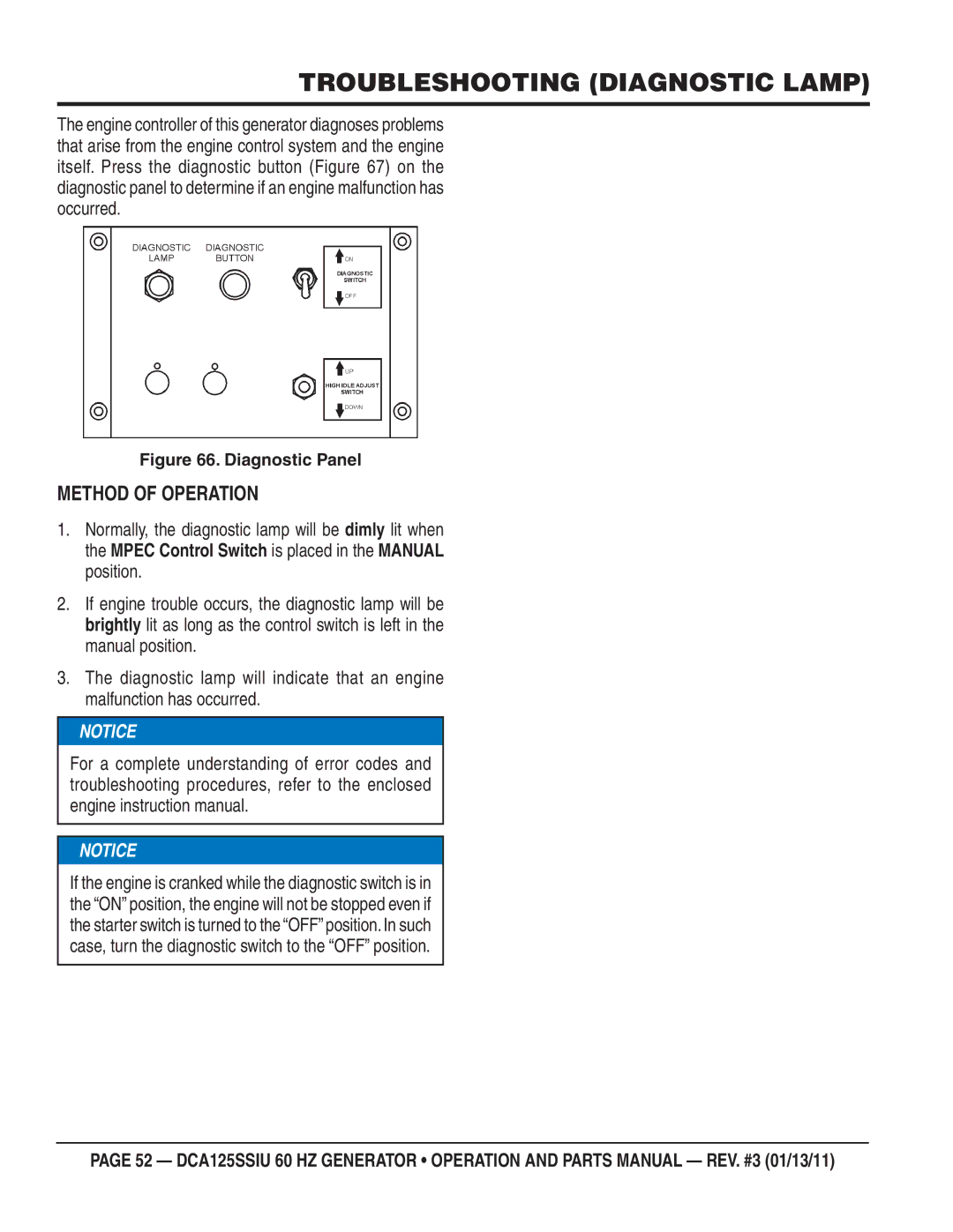 Multiquip DCA125SSIU manual Troubleshooting Diagnostic Lamp, Method of Operation 