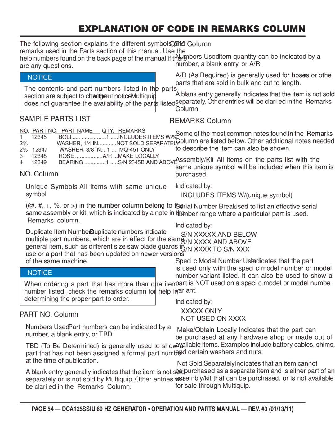 Multiquip DCA125SSIU manual Explanation of Code in Remarks Column, Sample Parts List 