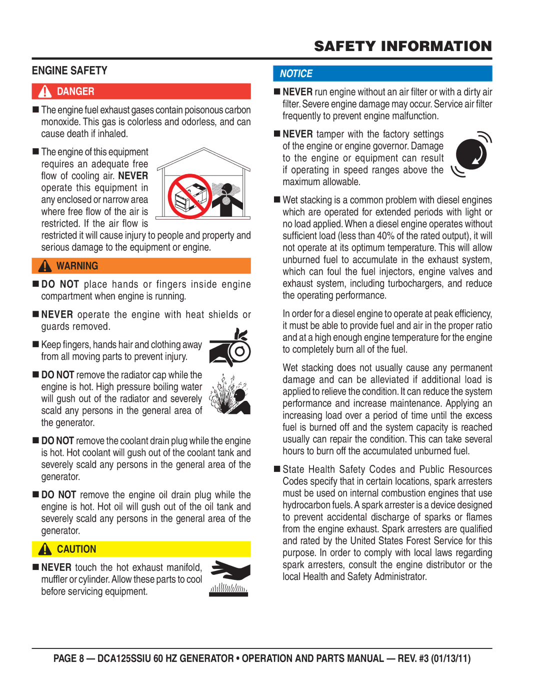 Multiquip DCA125SSIU manual Engine Safety, Before servicing equipment 