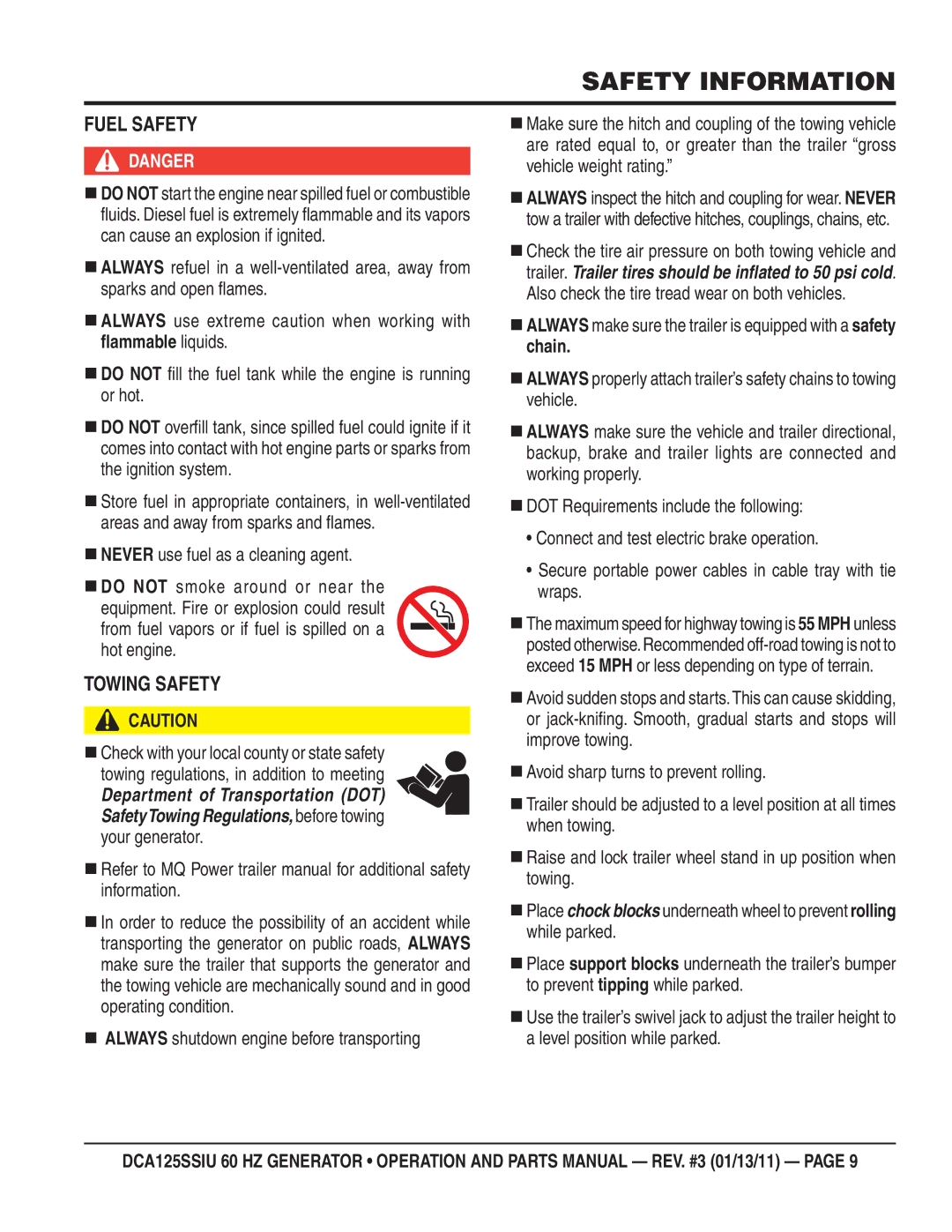 Multiquip DCA125SSIU manual Fuel Safety, Towing Safety,  Never use fuel as a cleaning agent 