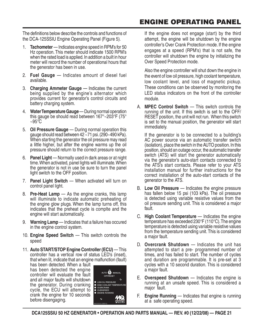 Multiquip DCA125SSIU manual Fuel Gauge Indicates amount of diesel fuel available 