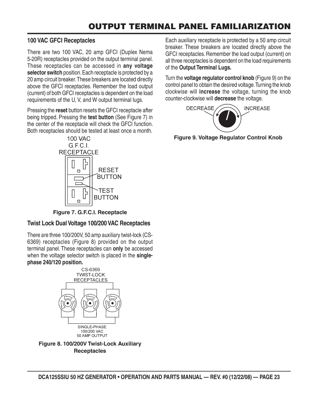 Multiquip DCA125SSIU manual VAC Gfci Receptacles, 200V Twist-Lock Auxiliary Receptacles 