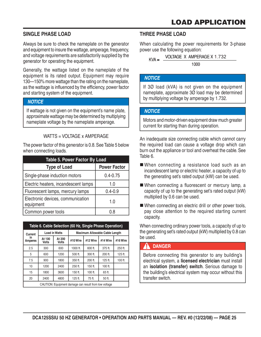 Multiquip DCA125SSIU manual Load Application, Single Phase Load, Three Phase Load 