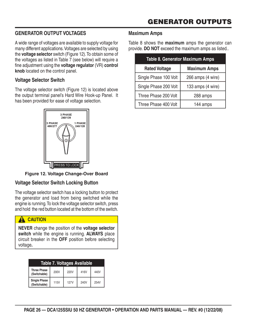 Multiquip DCA125SSIU manual Generator Outputs, Generator Output Voltages, Voltage Selector Switch, Maximum Amps 