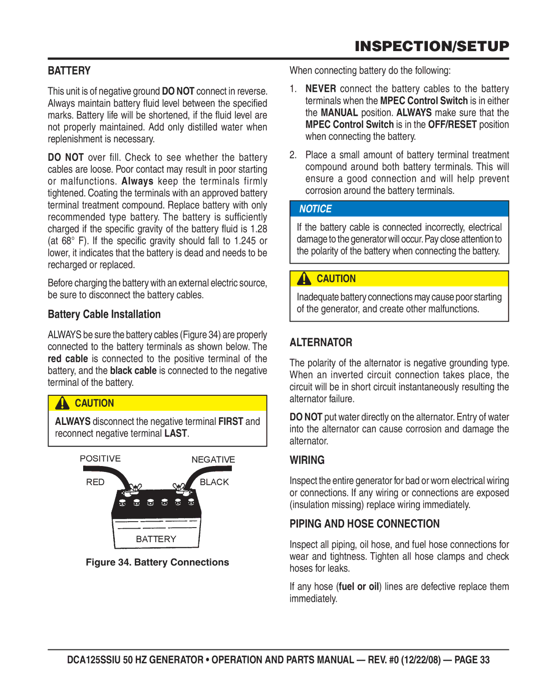 Multiquip DCA125SSIU manual Battery Cable Installation, Alternator, Wiring, Piping and Hose Connection 