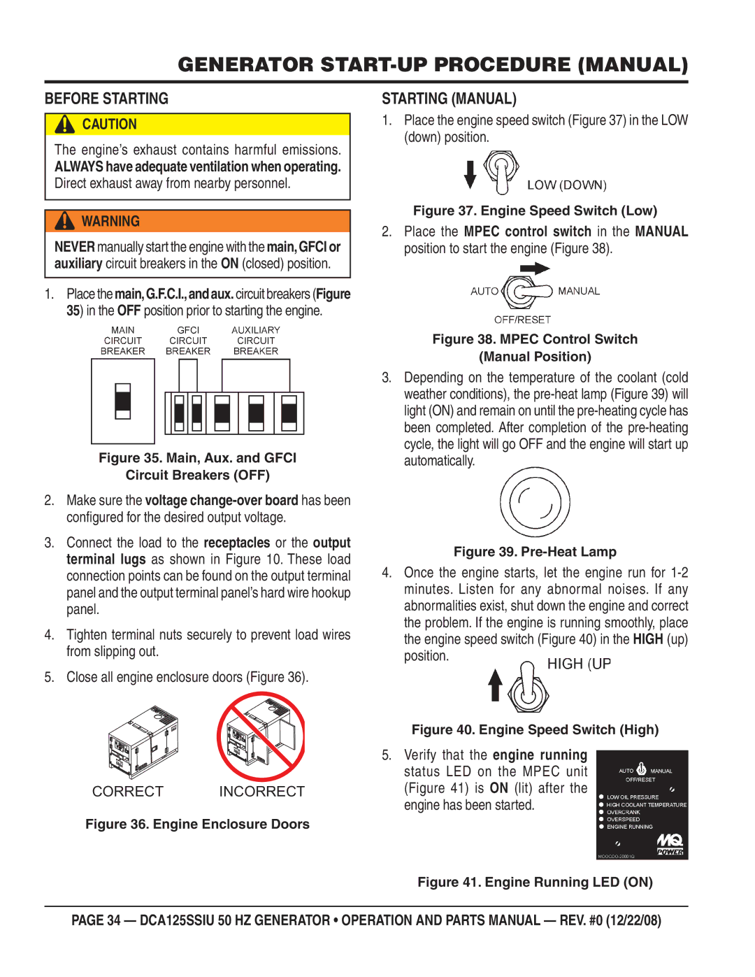 Multiquip DCA125SSIU manual Generator START-UP Procedure Manual, Before Starting, Starting Manual 