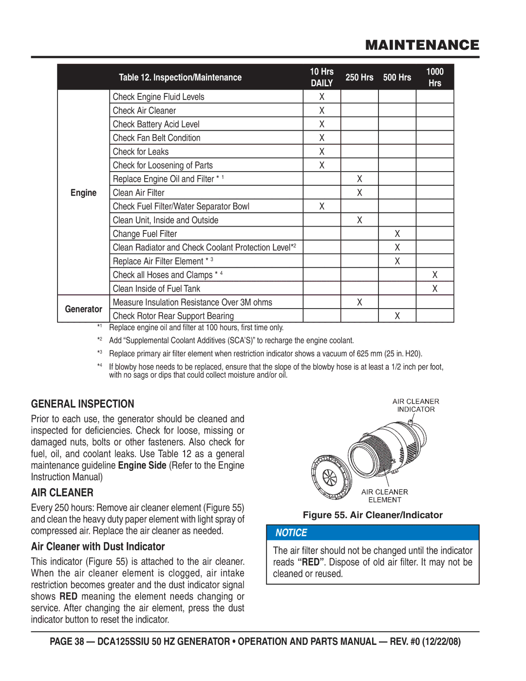 Multiquip DCA125SSIU manual Maintenance, General Inspection AIR Cleaner, Air Cleaner with Dust Indicator 