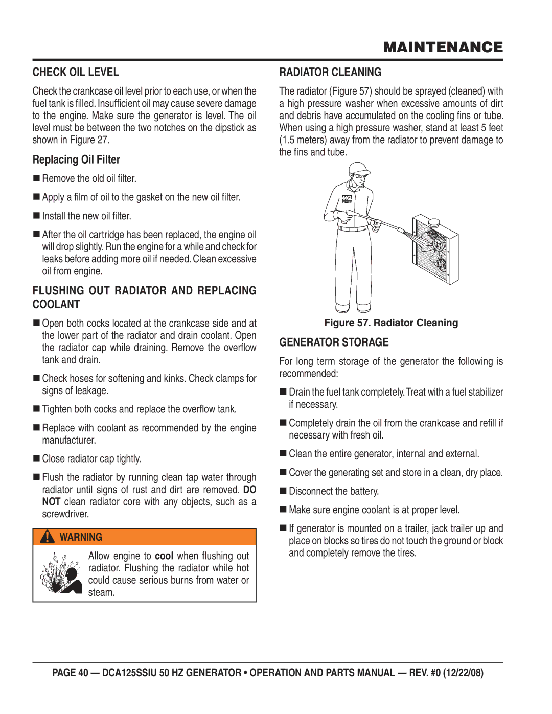 Multiquip DCA125SSIU Check OIL Level, Replacing Oil Filter, Flushing OUT Radiator and Replacing Coolant, Radiator Cleaning 