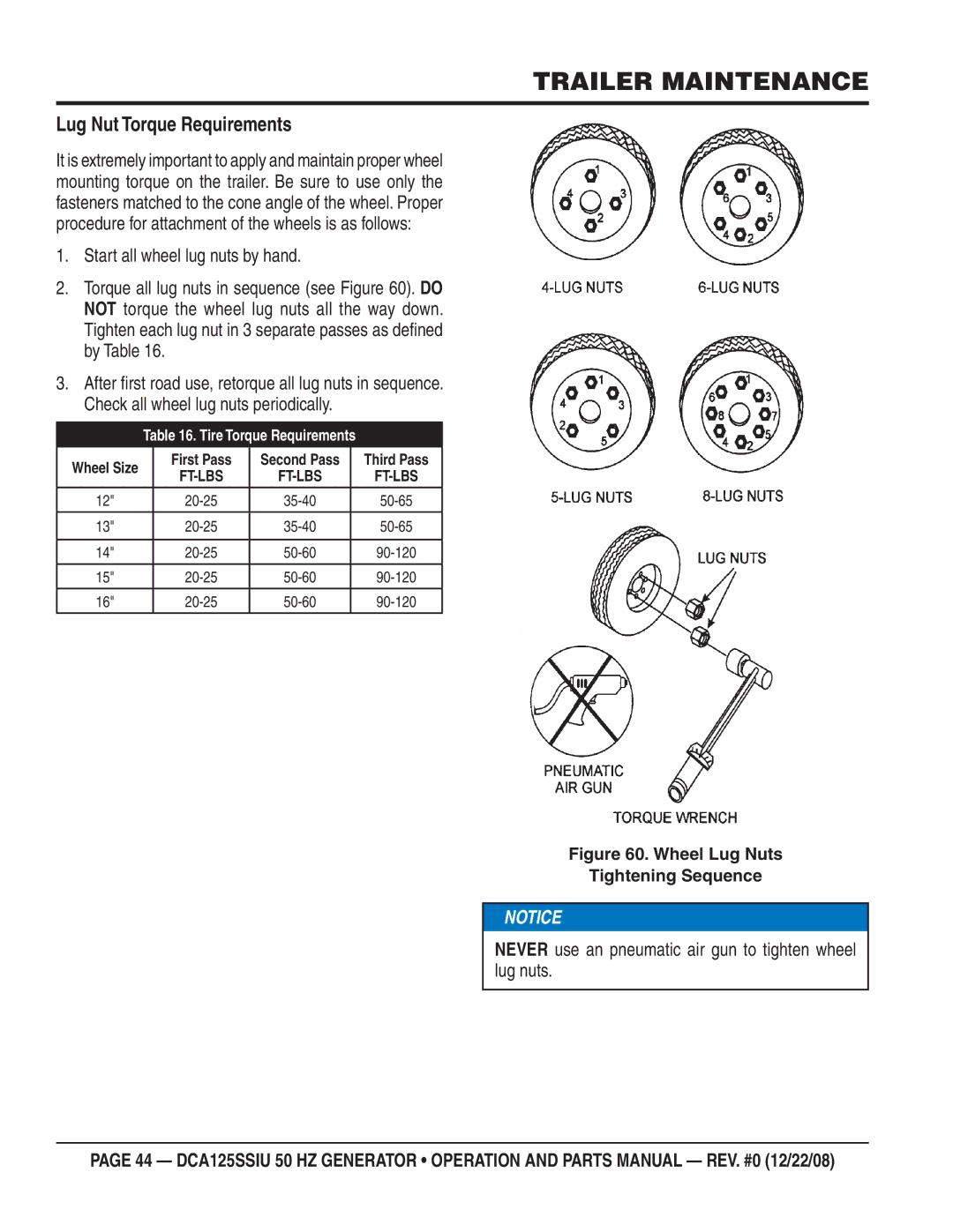 Multiquip DCA125SSIU manual Lug Nut Torque Requirements, Never use an pneumatic air gun to tighten wheel lug nuts 