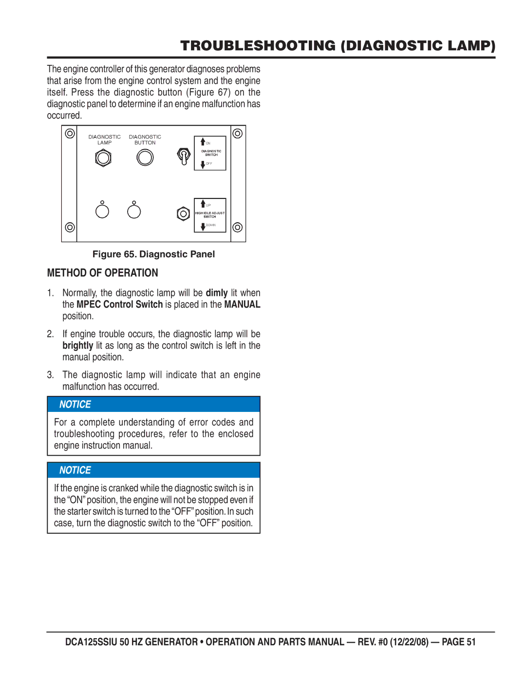 Multiquip DCA125SSIU manual Troubleshooting Diagnostic Lamp, Method of Operation 