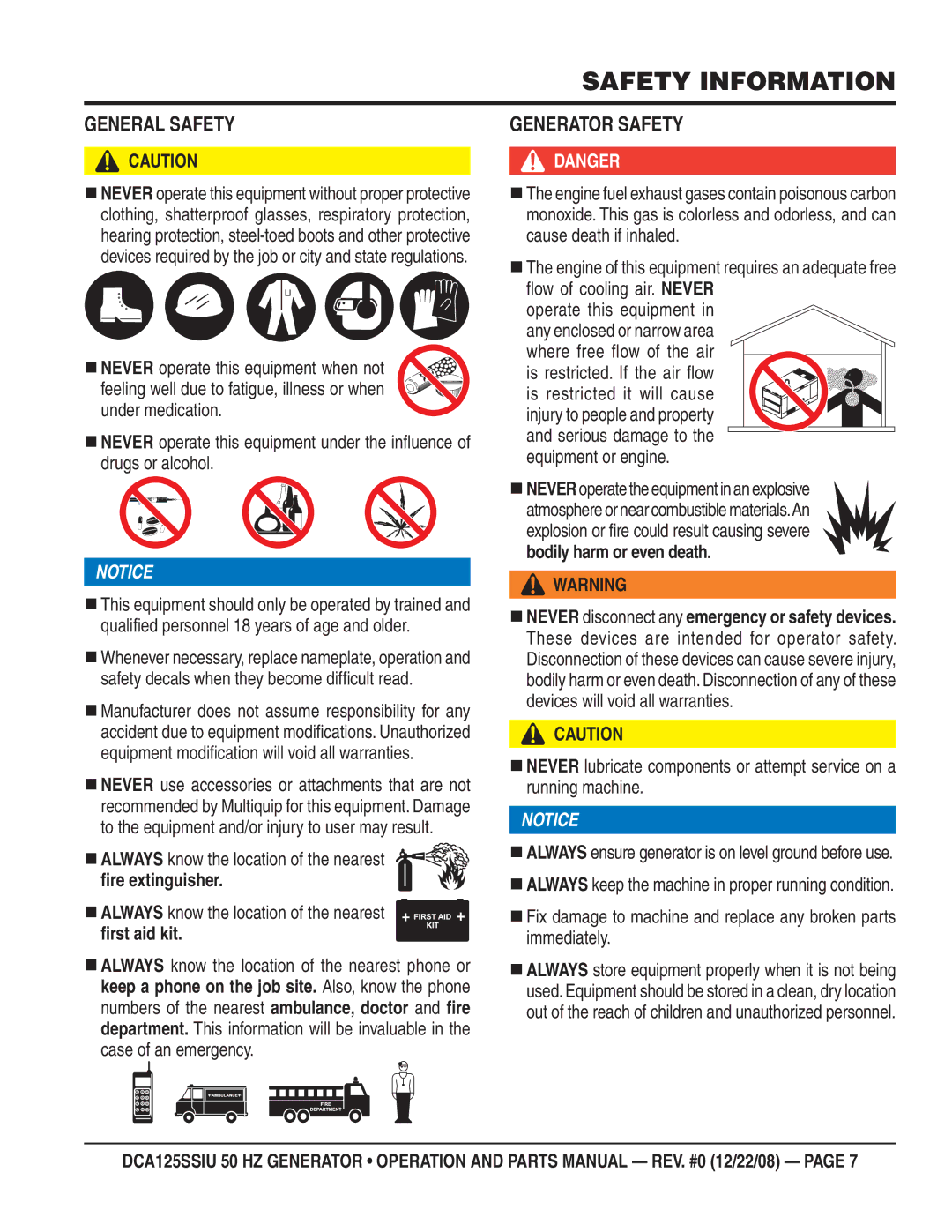 Multiquip DCA125SSIU manual General Safety, Generator Safety,  Always know the location of the nearest 