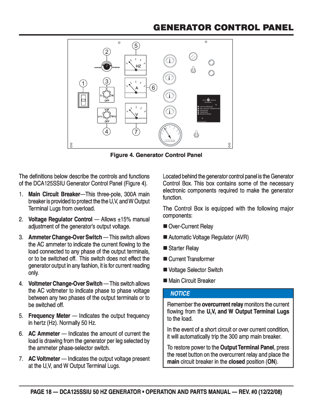 Multiquip DCA125SSIU manual Generator Control Panel, Notice 
