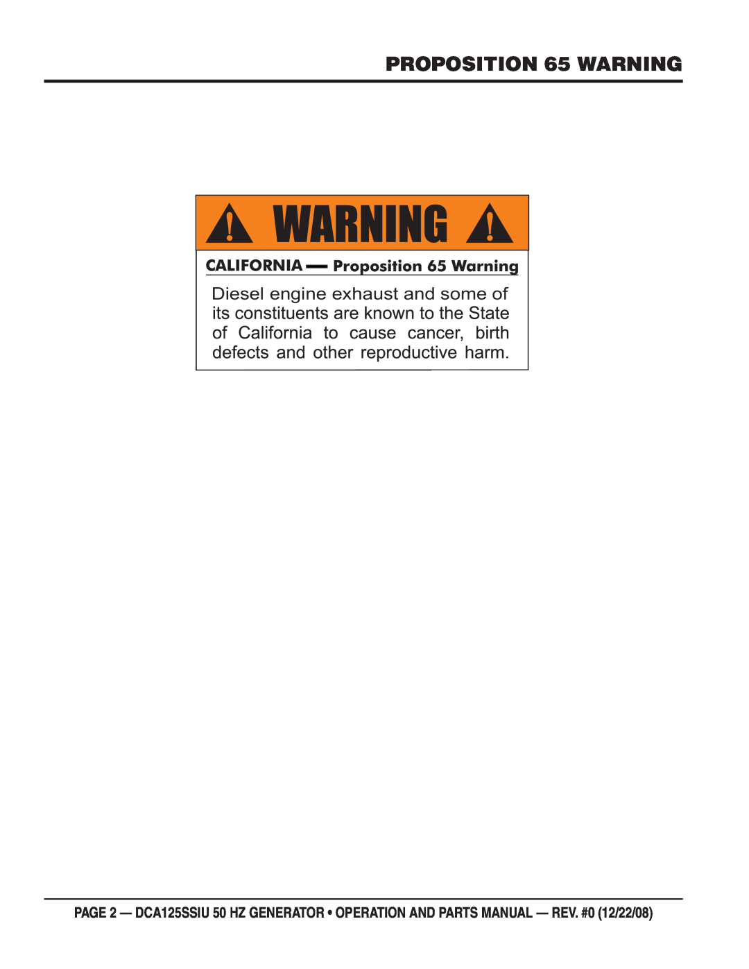 Multiquip DCA125SSIU manual PROPOSITION 65 WARNING, Diesel engine exhaust and some of 