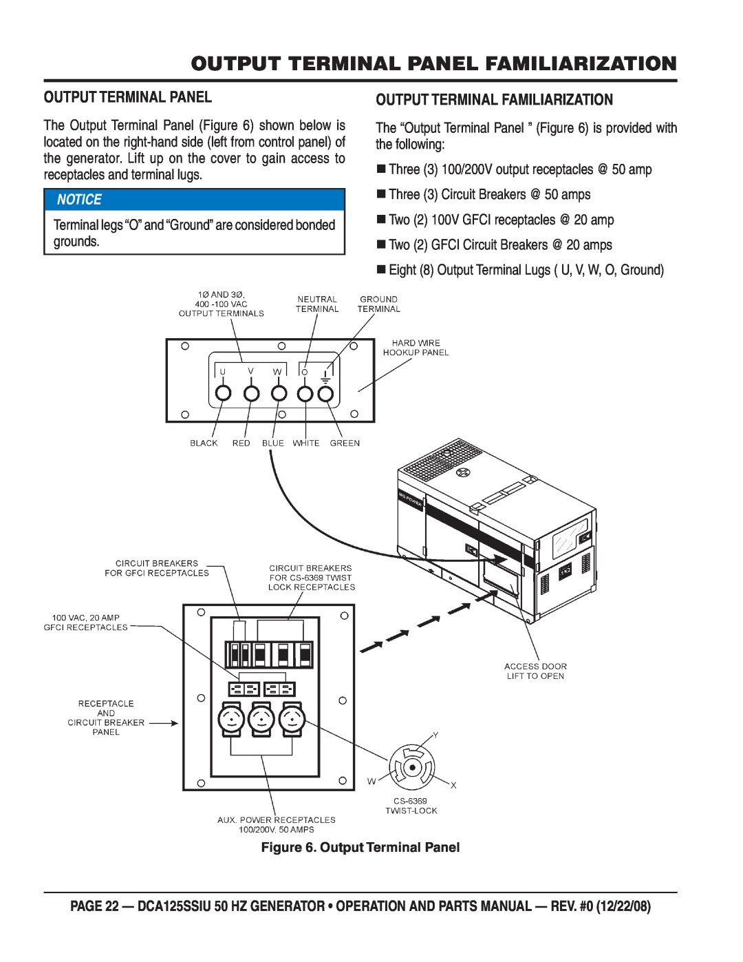 Multiquip DCA125SSIU manual Output Terminal Panel Familiarization, Output Terminal Familiarization, Notice 
