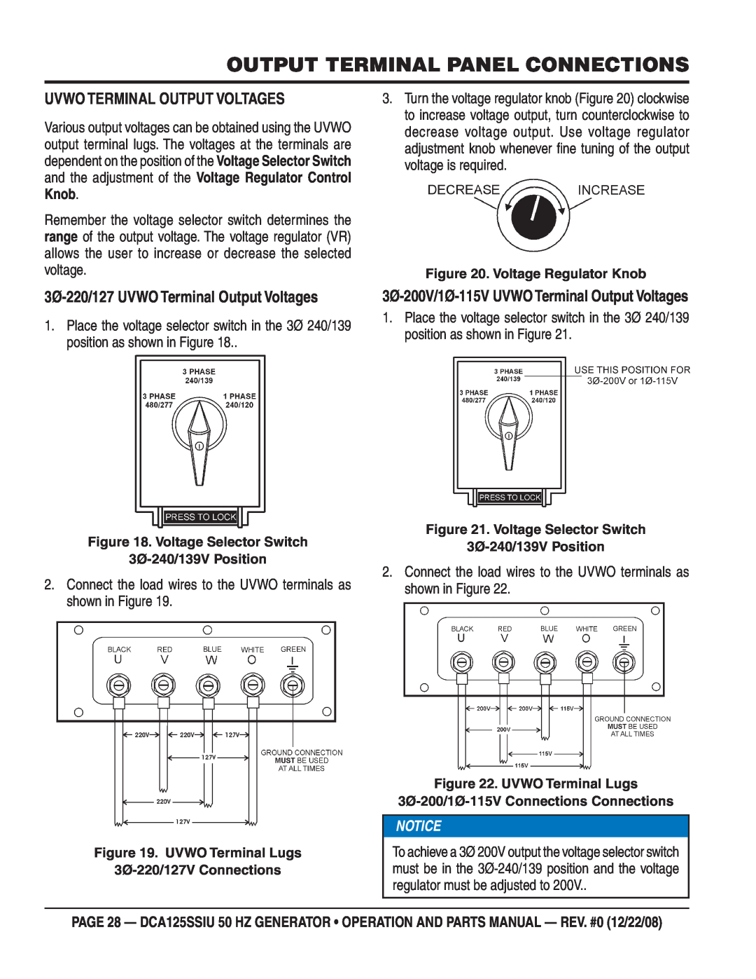 Multiquip DCA125SSIU manual Output Terminal Panel Connections, Uvwo Terminal Output Voltages, Notice 