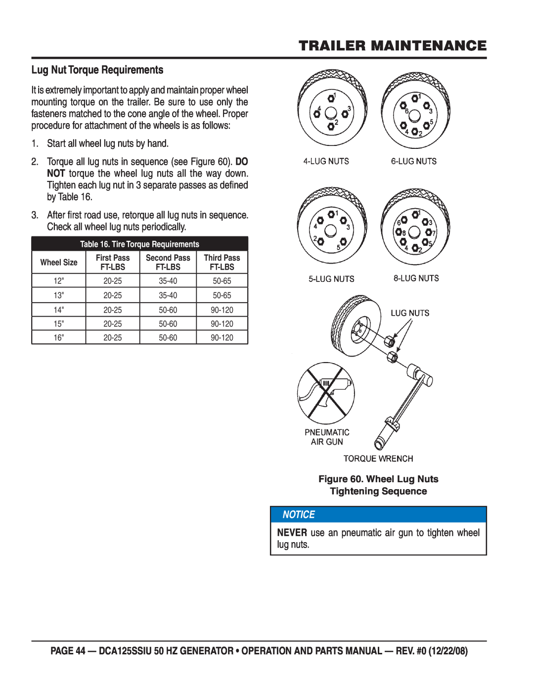 Multiquip DCA125SSIU manual Lug Nut Torque Requirements, Trailer Maintenance, Notice 