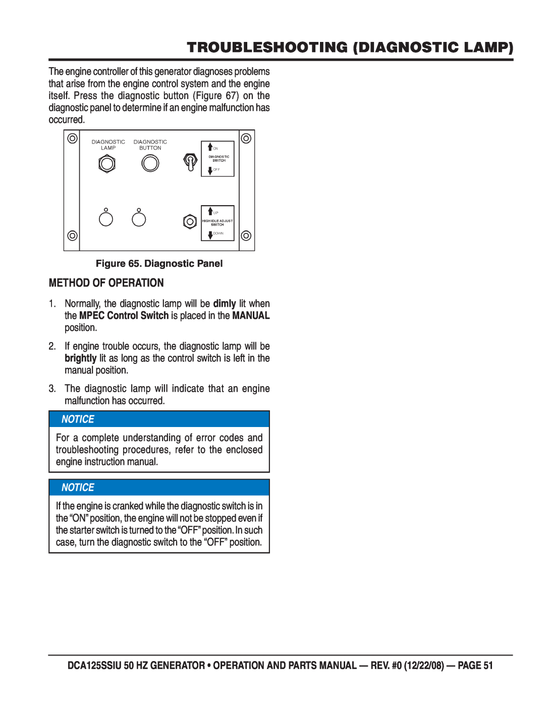 Multiquip DCA125SSIU manual Troubleshooting Diagnostic Lamp, Method Of Operation, Notice 