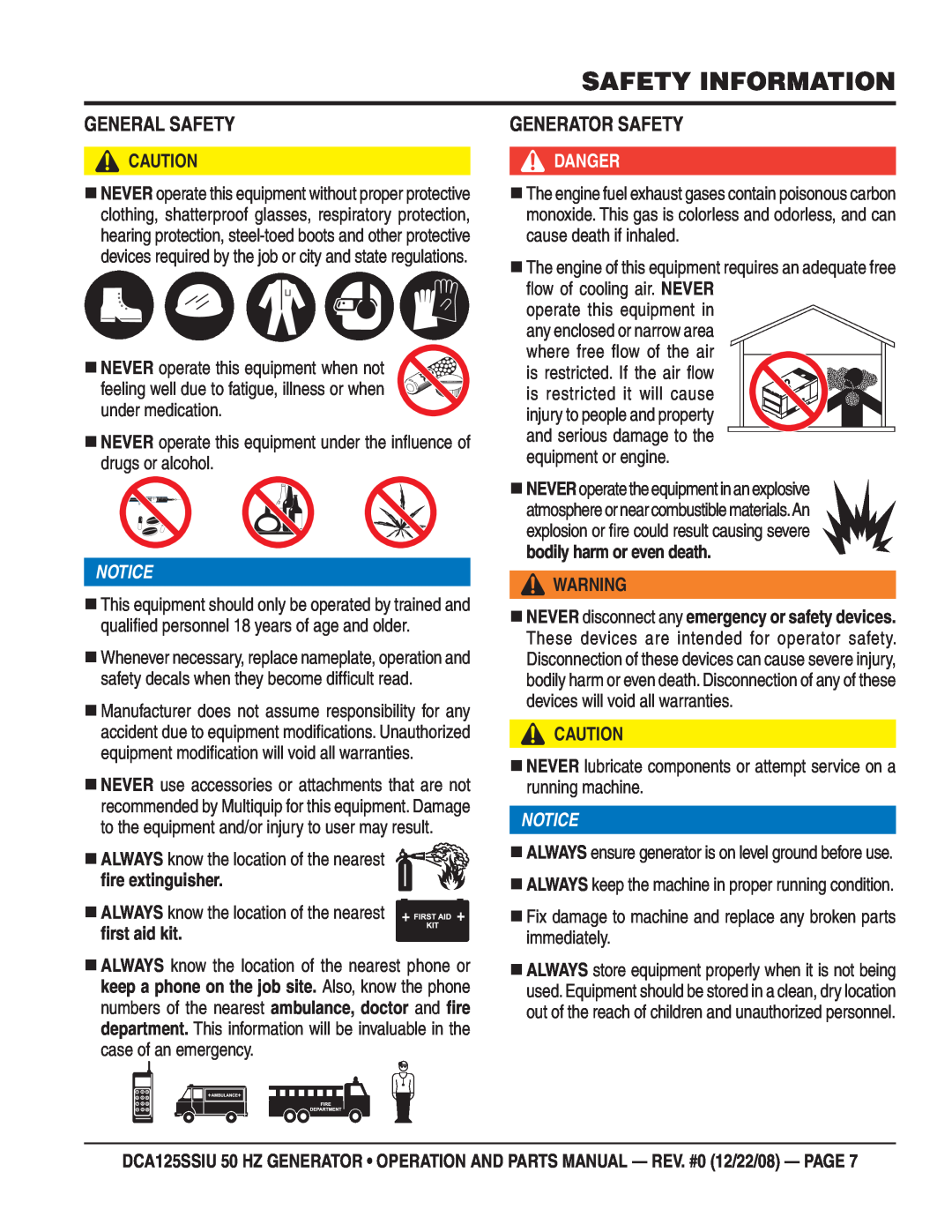 Multiquip DCA125SSIU General Safety, Generator Safety, ﬁre extinguisher, ﬁrst aid kit, Safety Information, Notice, Danger 